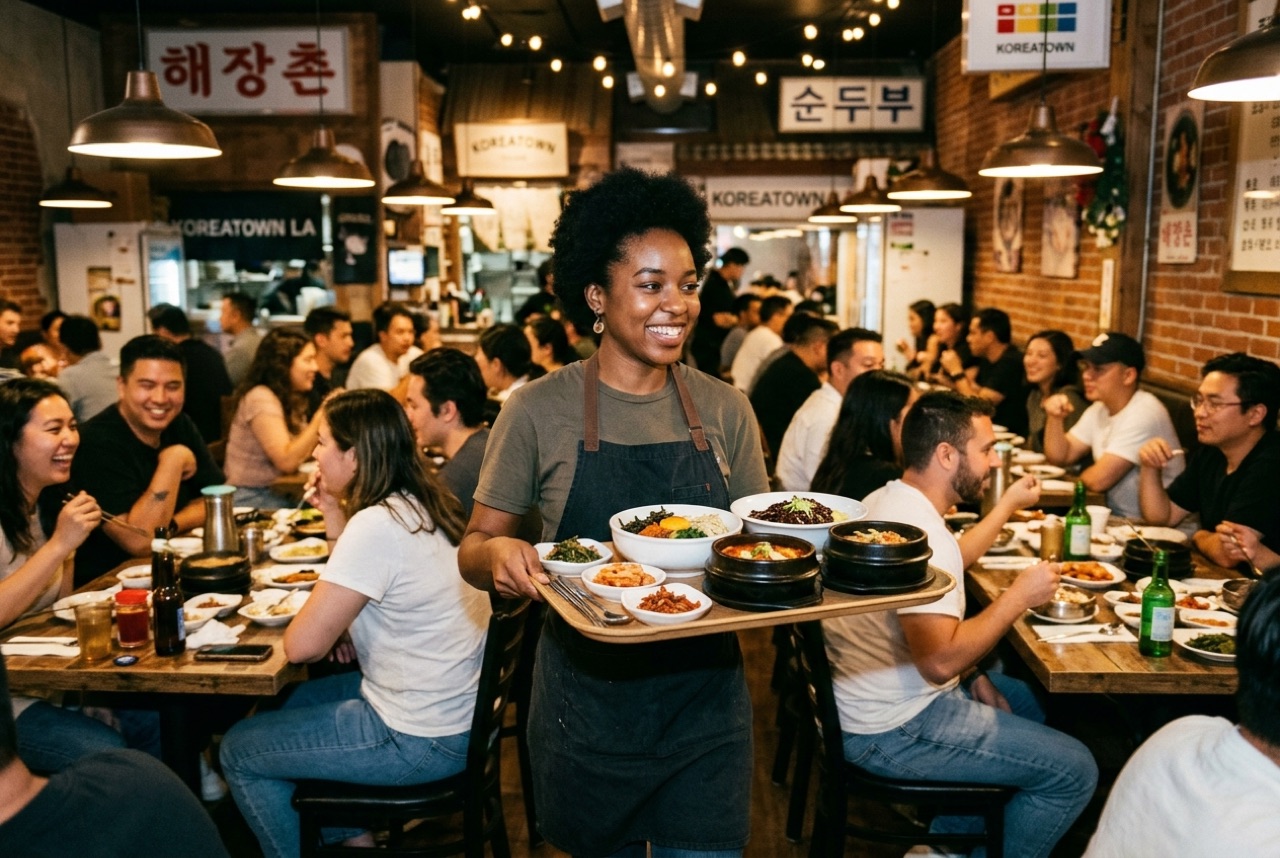 A confident server carries plates through a full, calm dining room — no notepad in sight.