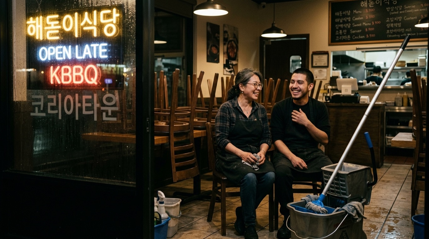 An owner and a server share a quiet laugh at a just-closed restaurant, chairs stacked, warm light.