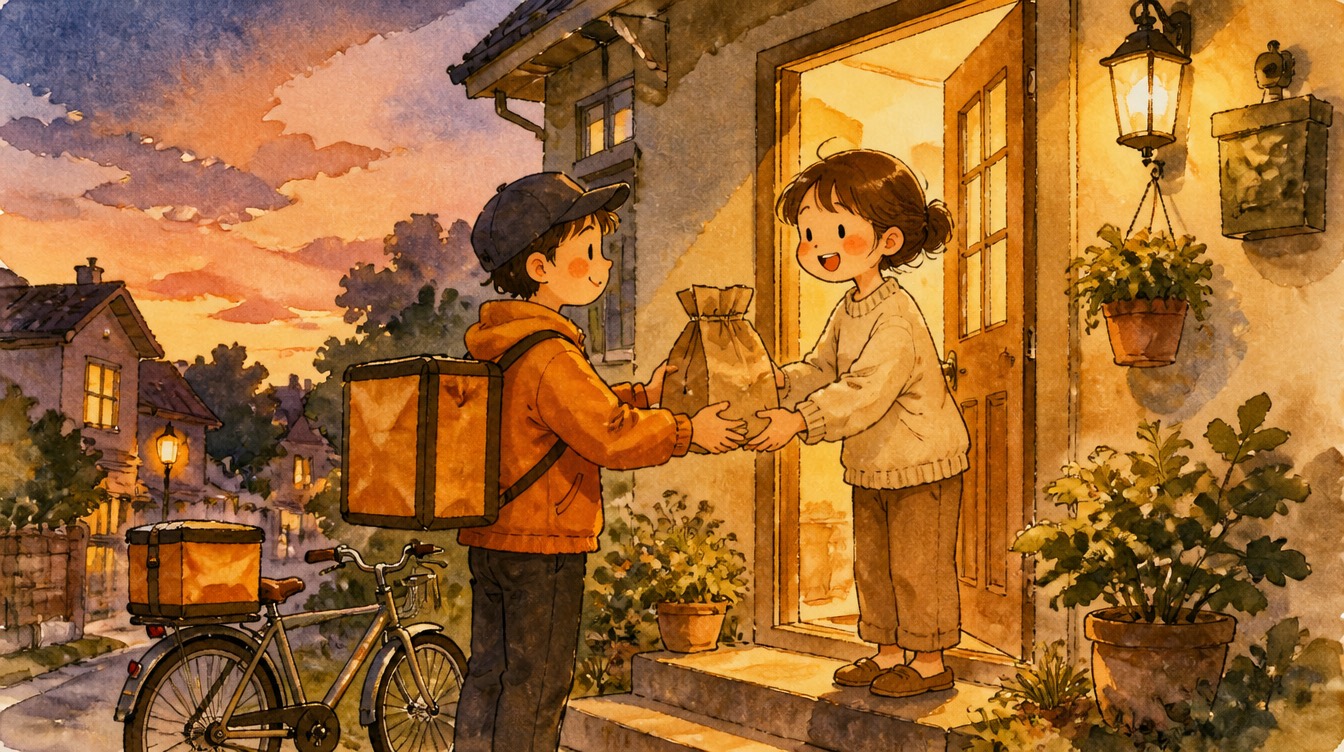 A courier hands a paper food bag to a smiling person at their warmly lit front door at dusk.