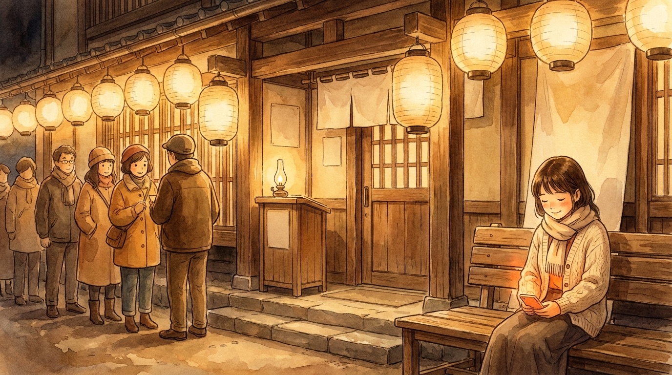 The warm, lantern-lit entrance of a restaurant on a busy night, a guest relaxed and smiling on her phone while she waits.