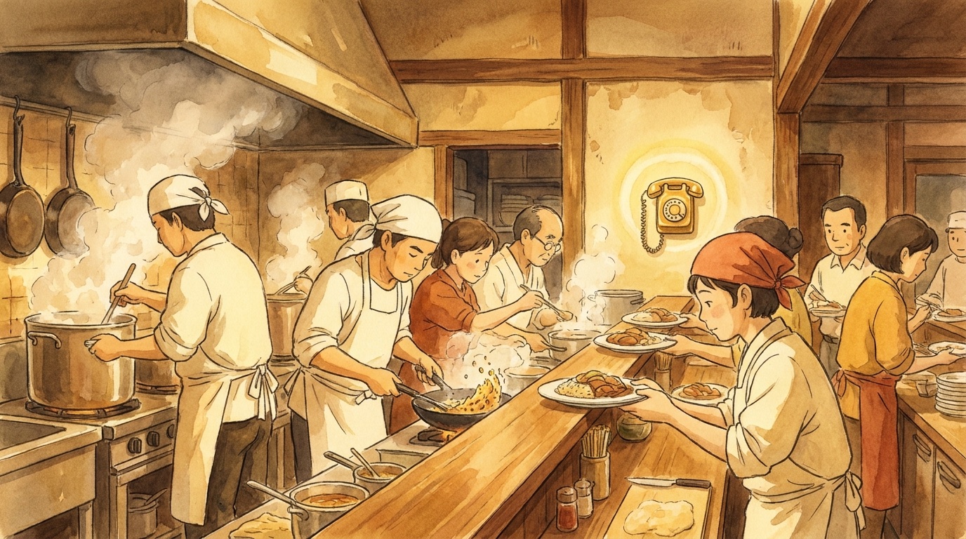 A busy restaurant kitchen mid-rush, the cooks heads-down on the line while the wall phone glows softly, answered on its own.
