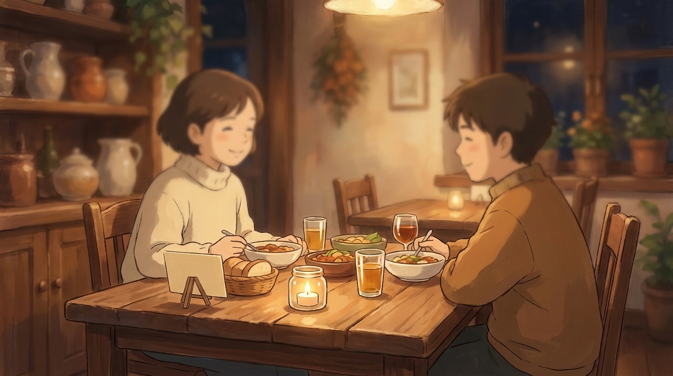 Two friends laughing over a candlelit dinner, a QR table-tent on the table between their plates.